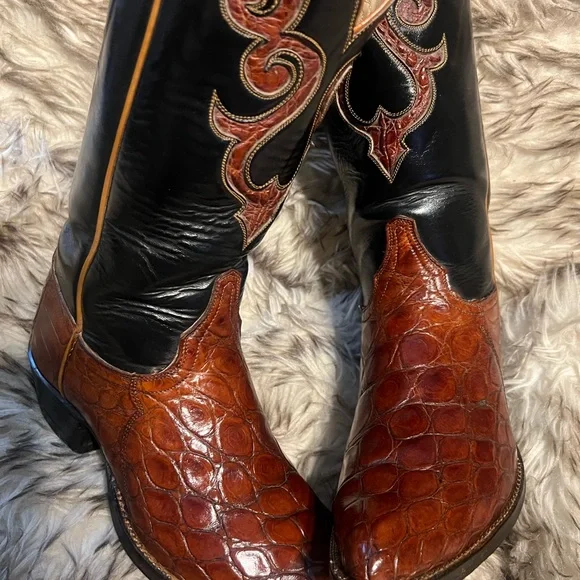 Tony Lama MEN CAIMAN & LEATHER WESTERN BOOTS-cognac-Sz 8 D - Picture 7 of 15